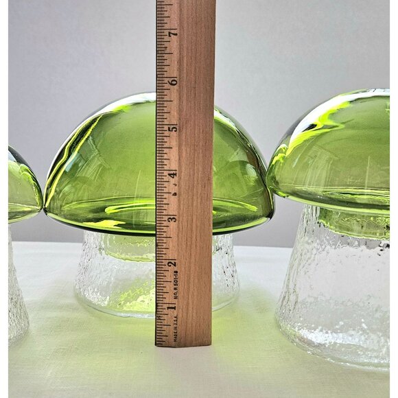 A Set of Three Vintage Handblown Glass Green Mushroom Canisters 6", 5.5" , 5" - Picture 3 of 10